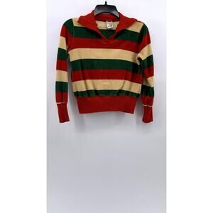 BLOOMIN TULIPS Women's Vintage Green-Yellow-Red Striped Long Sleeve Polo Top SZS